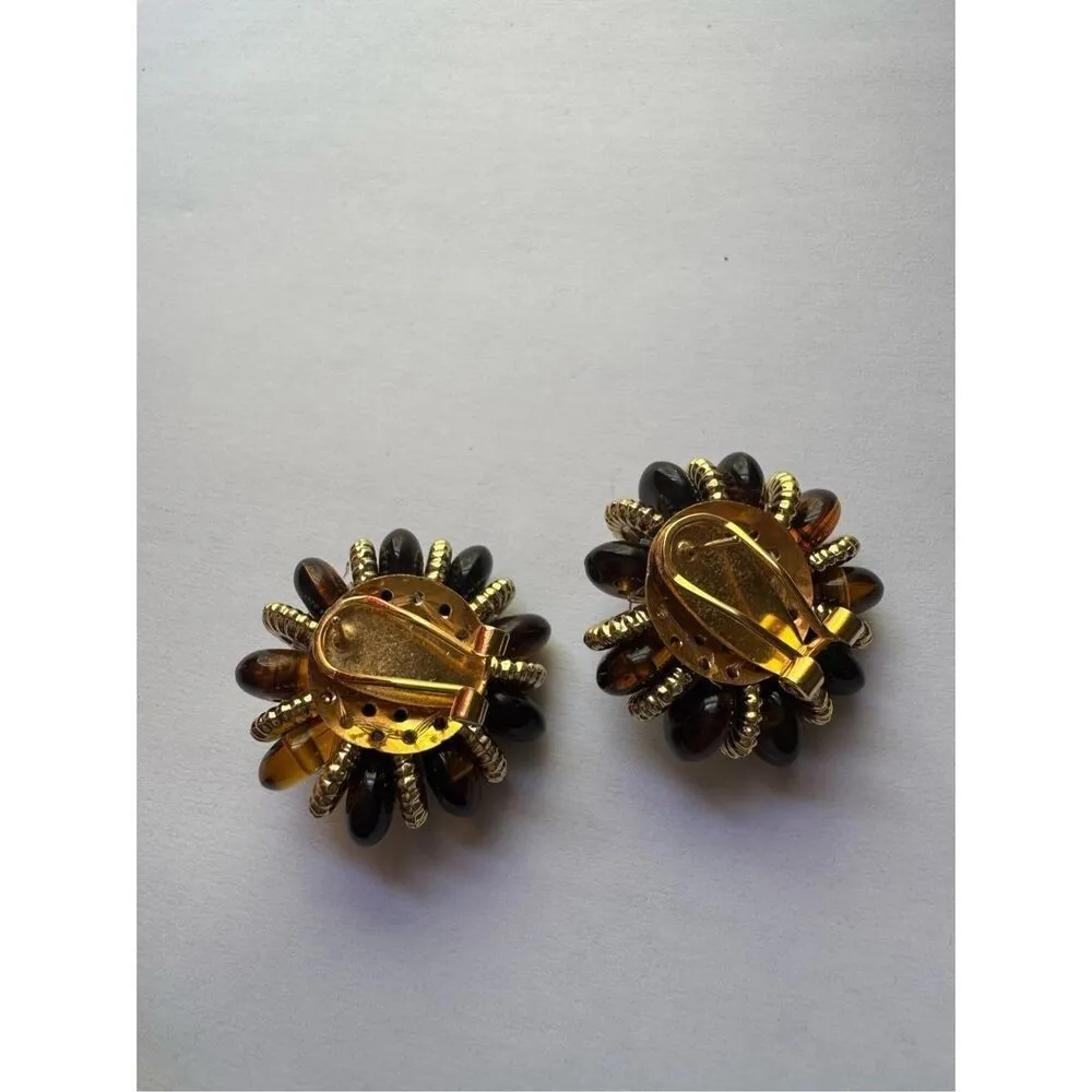 Vintage Womens Chunky Amber Floral Amber Gold Tone Clip On Earrings Retro Chic Brown - Image 3