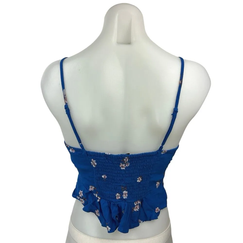 American Eagle Blue Floral Bow Tie Button Spaghetti Peplum Cami Crop Tank Top M - Image 2