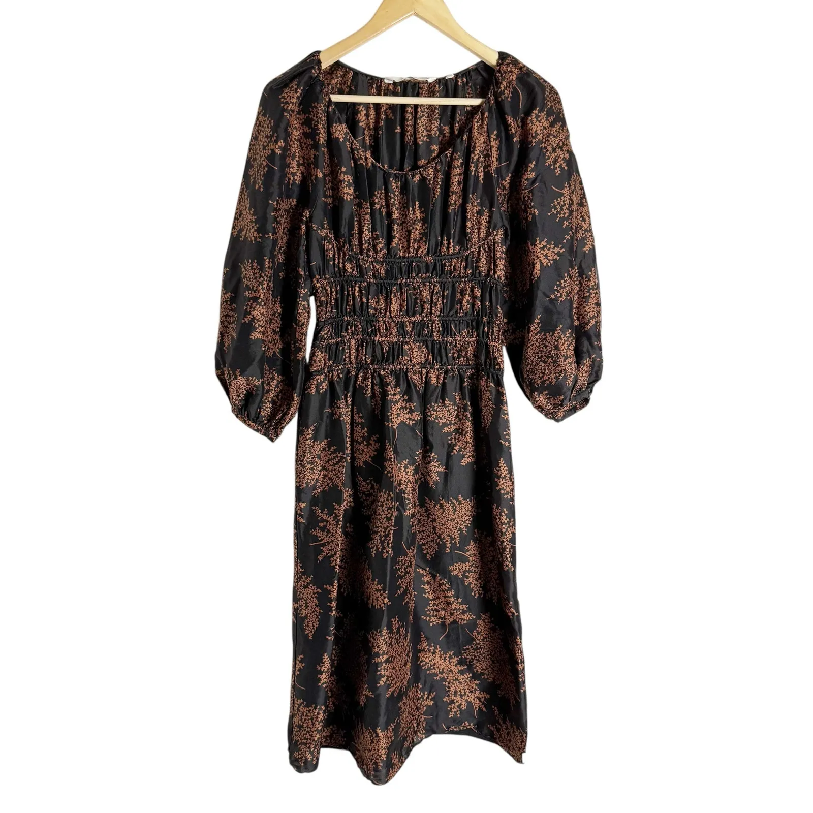 Rebecca Taylor Arden Black Floral Blouson Sleeve Scoop Ruched Silk Midi Dress XS - Image 6