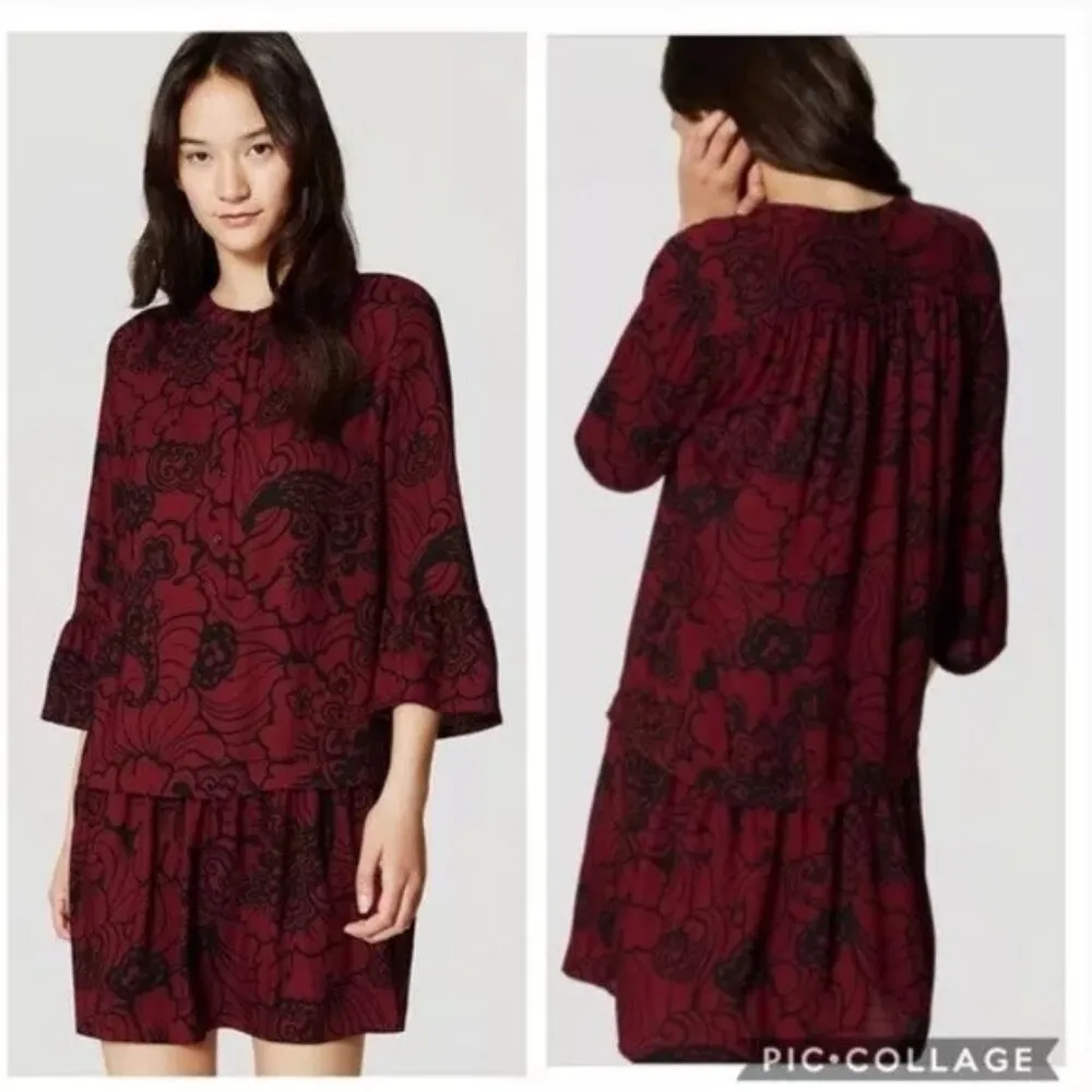 Loft Womens Floral Dress S Bohemian Style Burgundy & Black - Image 2