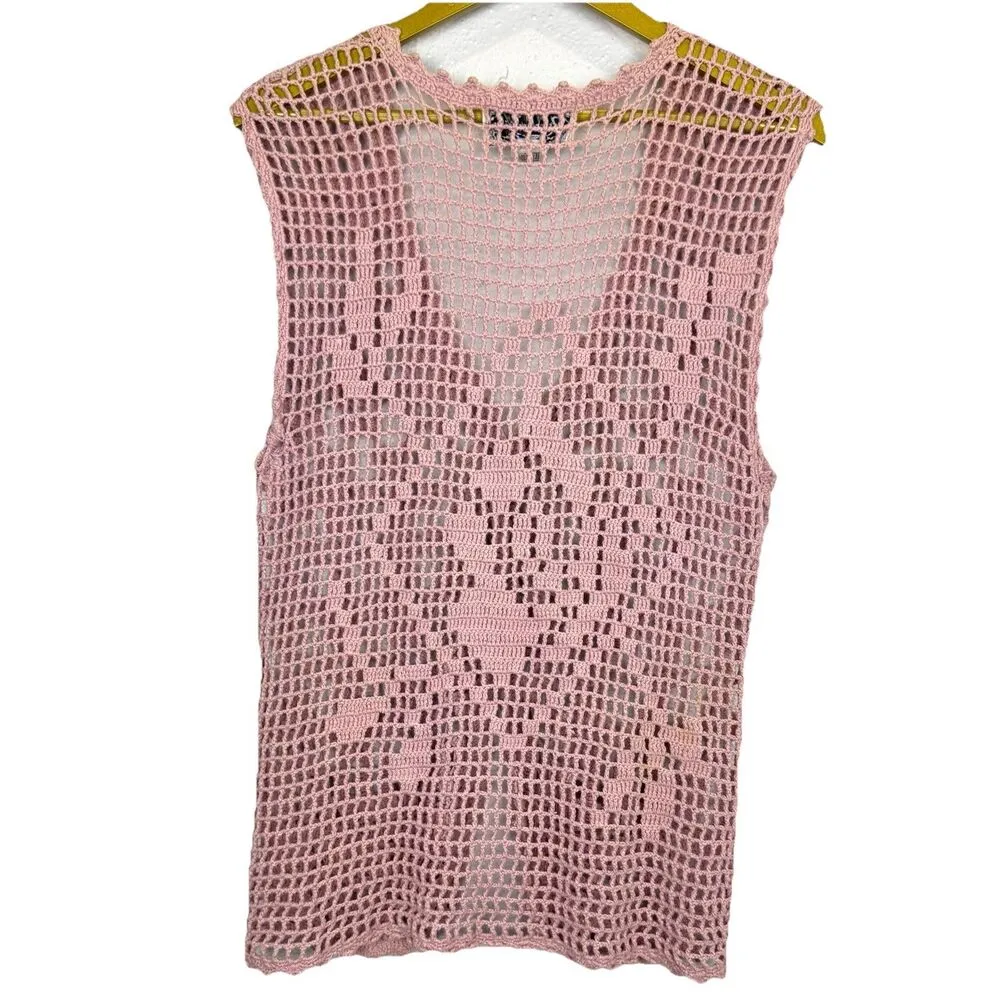 Vintage Y2K Womens Top L Pink Crochet Long Vest Boho Hippie Pearls Embellished - Image 2
