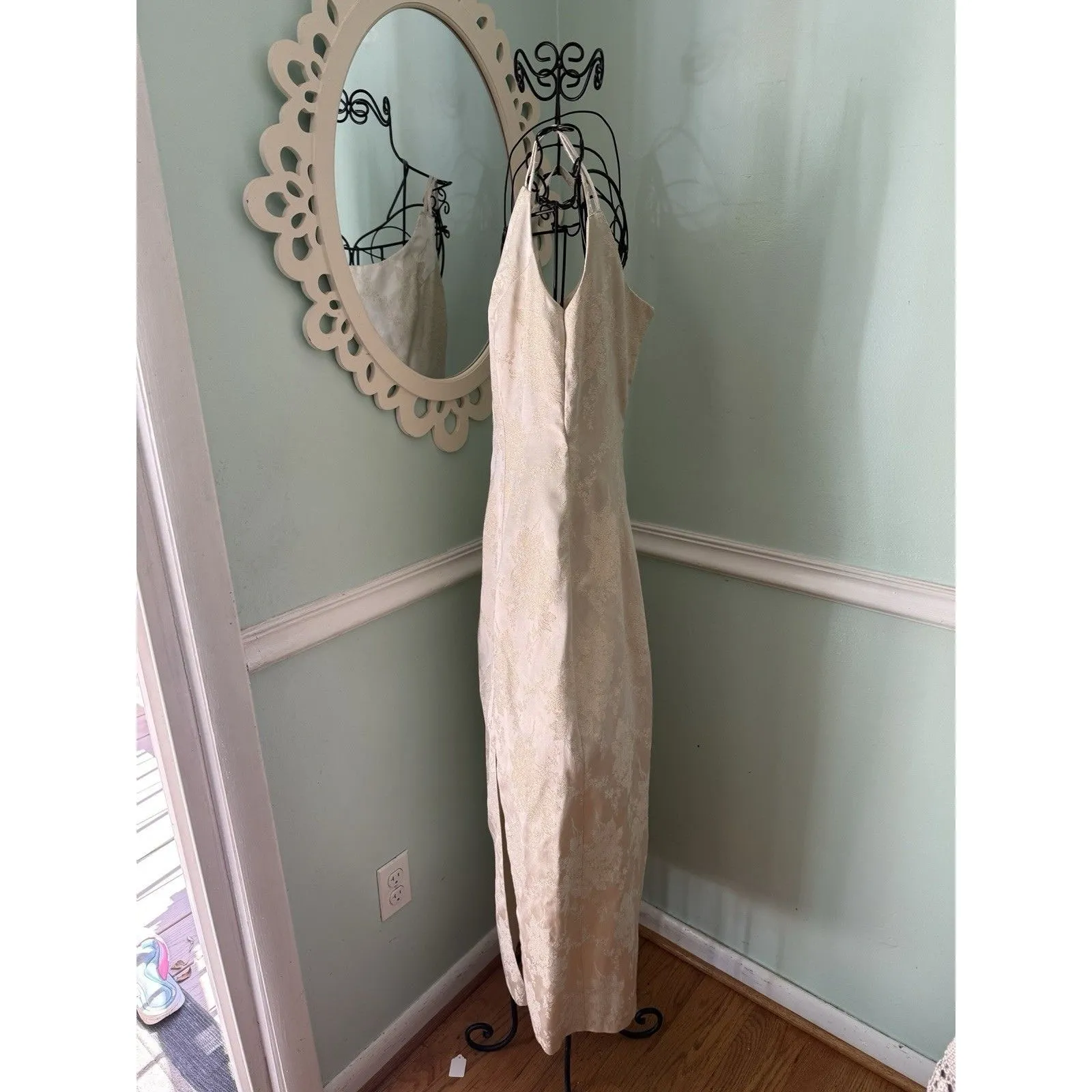 Vtg All That Jazz Dress 9/10 Brocade Floral Sleeveless 90s Boho Grunge Cream - Image 2