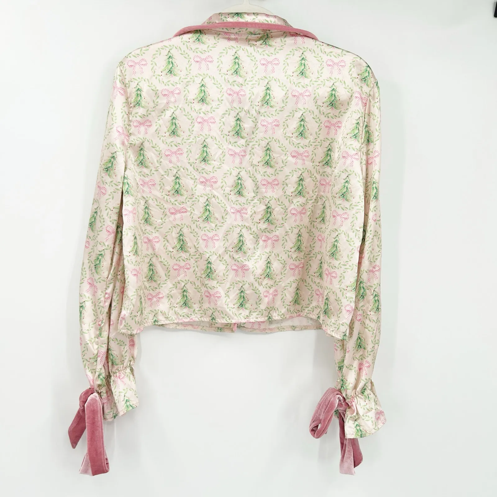Womens Christmas Holiday Satin Christmas Tree Bow Tie Sleeve Pajama Top Size M Pink Size M - Image 7