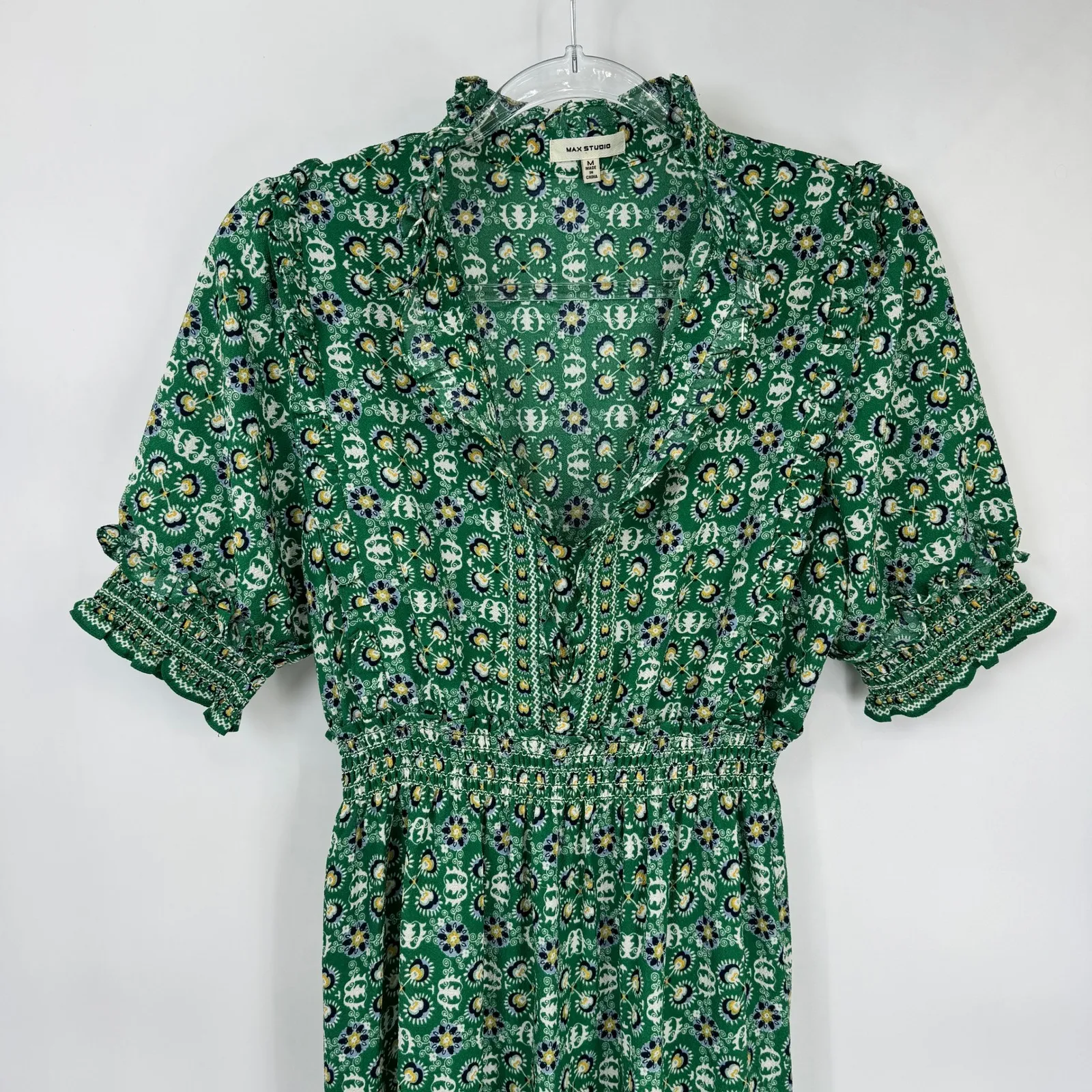 MAX STUDIO Green Floral Tiered Maxi Dress Medium Ruffled Neck Smocked Waist - Image 2
