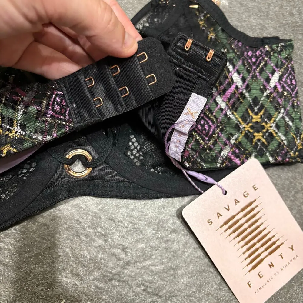 Savage X Fenty A Little Tart Unlined Bra Black Lace Plaid 32C Plunge Feminine Size undefined - Image 8