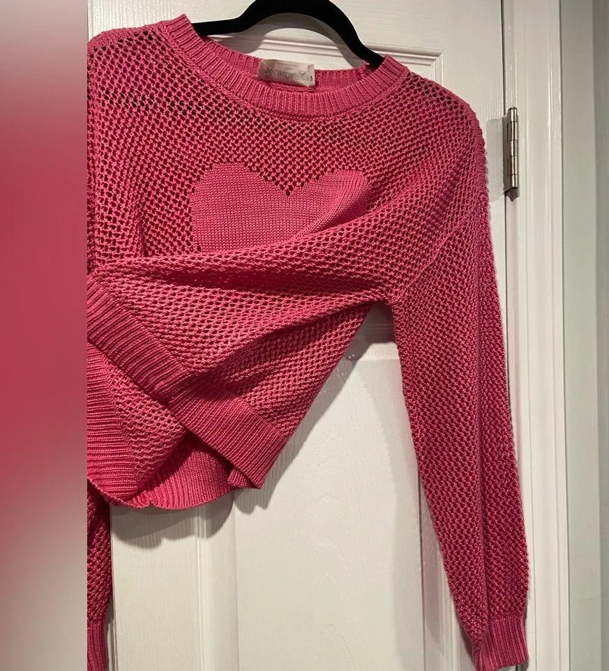 NWT No Boundaries Size M Pink Mesh Long Sleeve Crew Neck Pullover Heart Sweater - Image 3