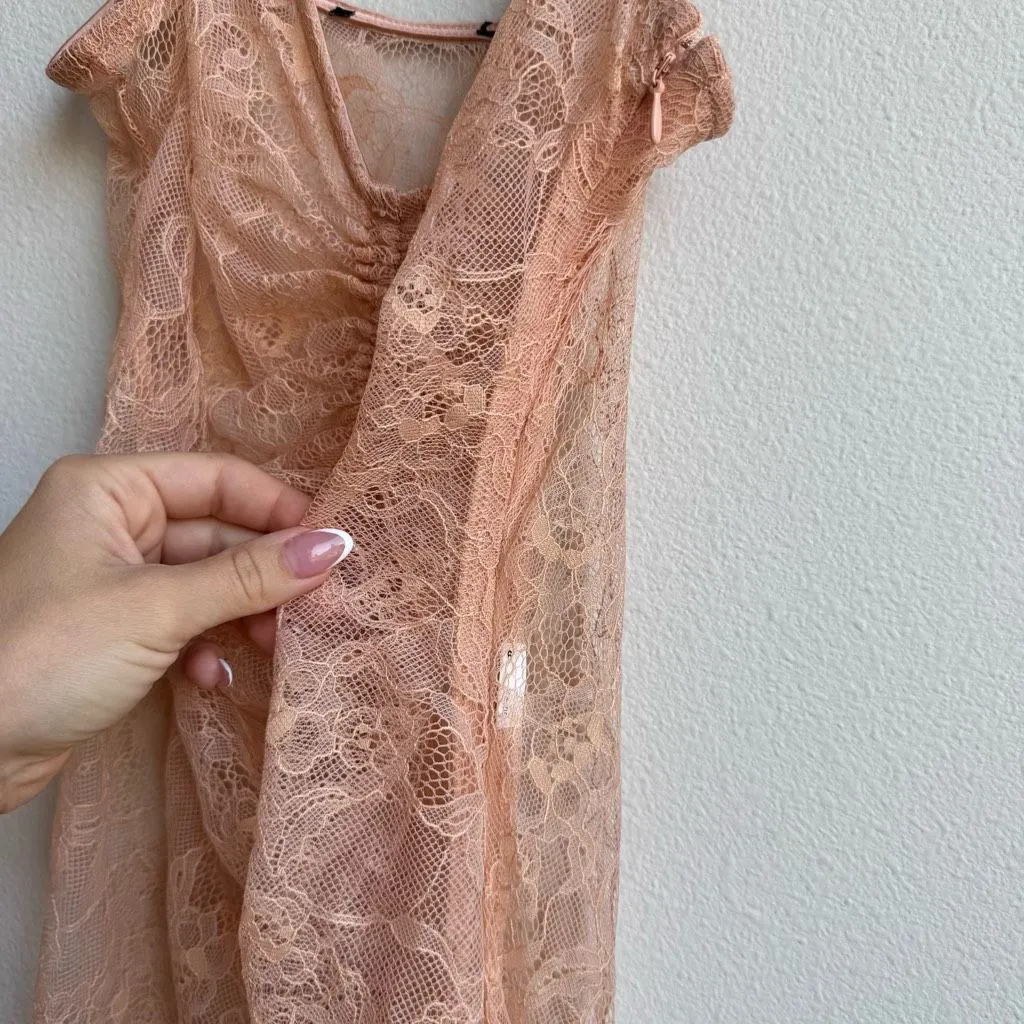 Peach Pink Lace Cinch Front Lace Slip Midi Maxi Dress Feminine Flirty XS Small - Image 5