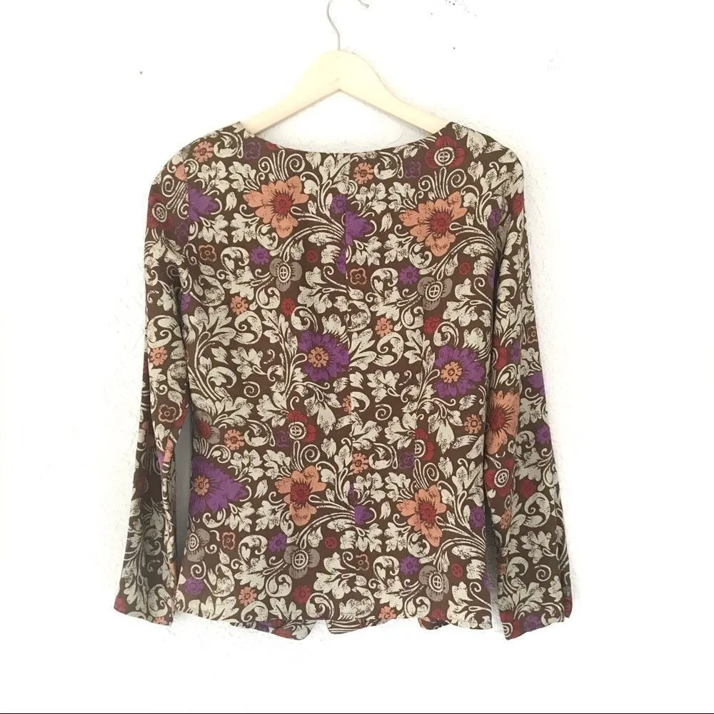 VINTAGE Floral Silk Top Blouse Long Sleeve Metal Button Front Retro Brown Size 4 Brown - Image 7