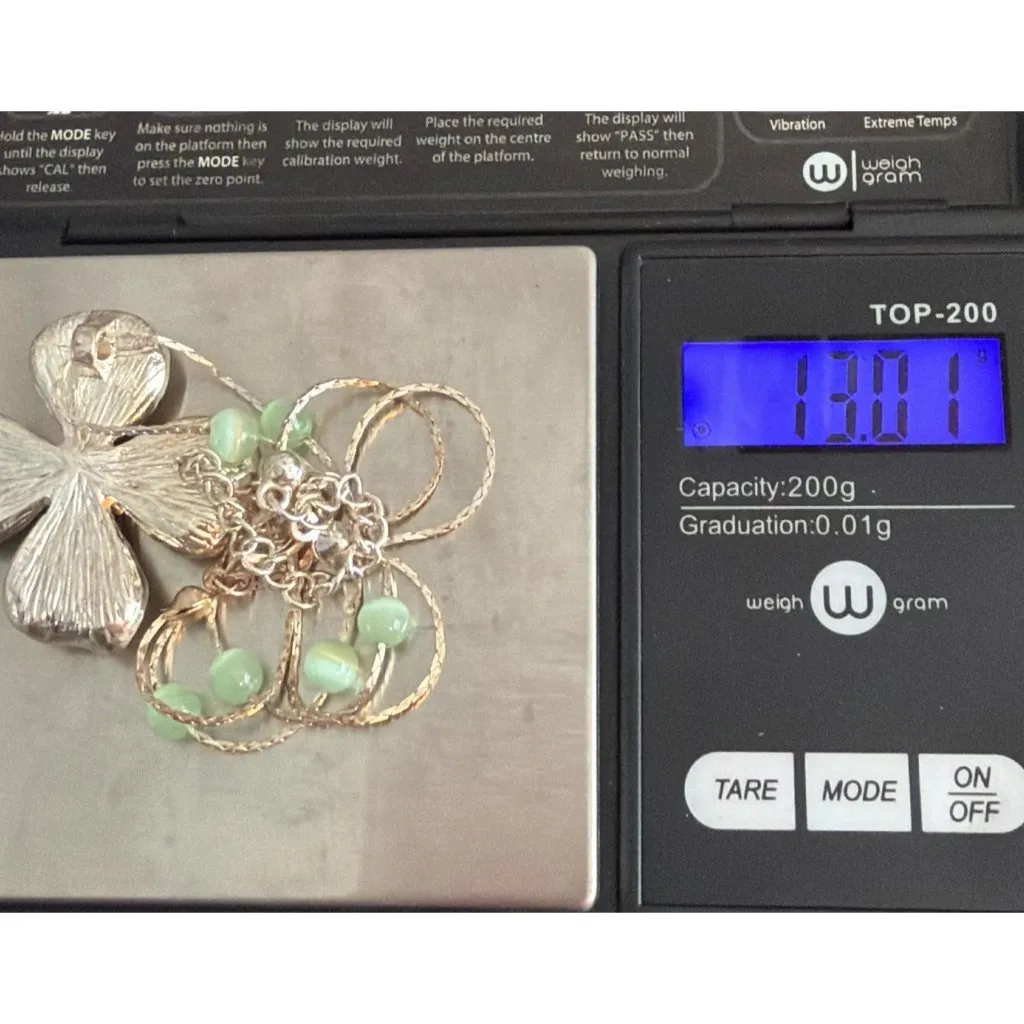 Vtg Silver Tone Chain Necklace Green Cat Eye Beads Flower Enamel Pendant Estate - Image 7