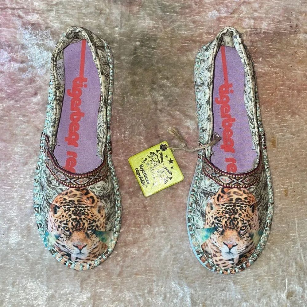 TIGERBEAR REPUBLIK Leopard Cash Design Mix Media Slip Ons $35 NWT 6 Green - Image 4
