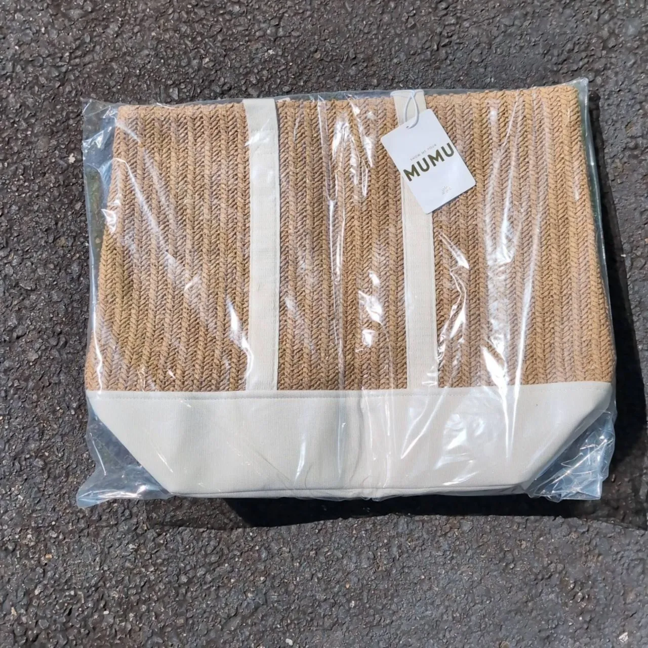 NWT Show Me Your Mumu Sunseeker Paper and Straw Tote Bag Natural Tan White Woven - Image 4