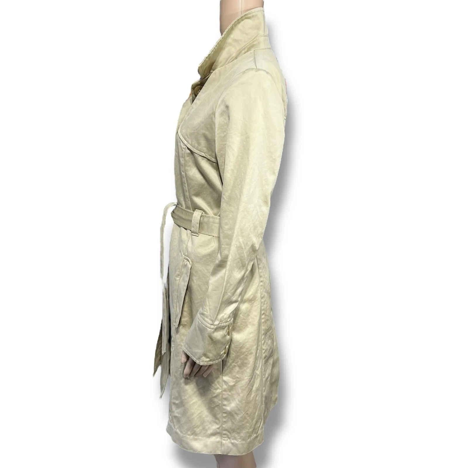 Y2K Old Navy Womens Trench Coat Jacket Button Down Belted Tan Medium - Image 4