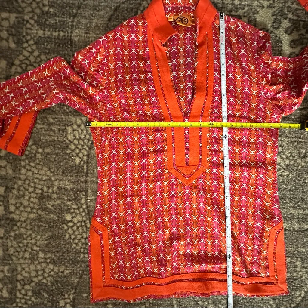 Tory Burch Women’s 4 Orange Pink White Link Print Cotton Long Sleeve Tunic Top - Image 5