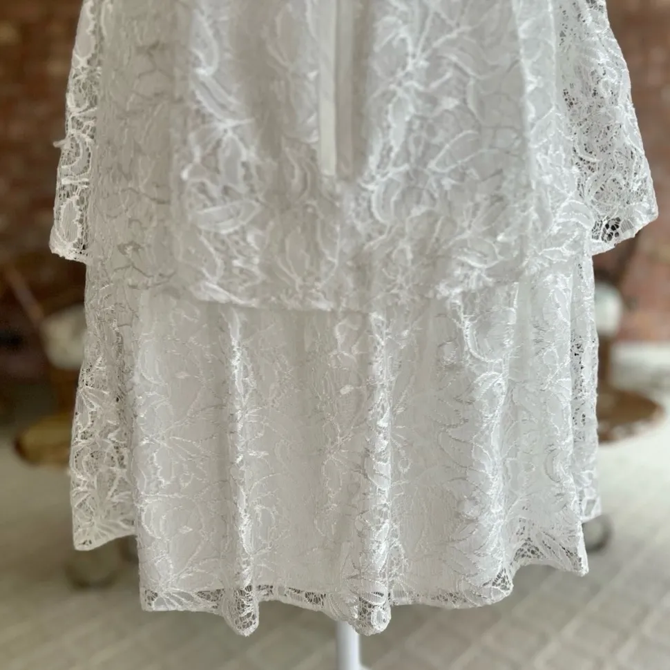 Max and Cleo Dress White Lace 8 Tiered Skirt Illusion  Neck NWT - Image 13