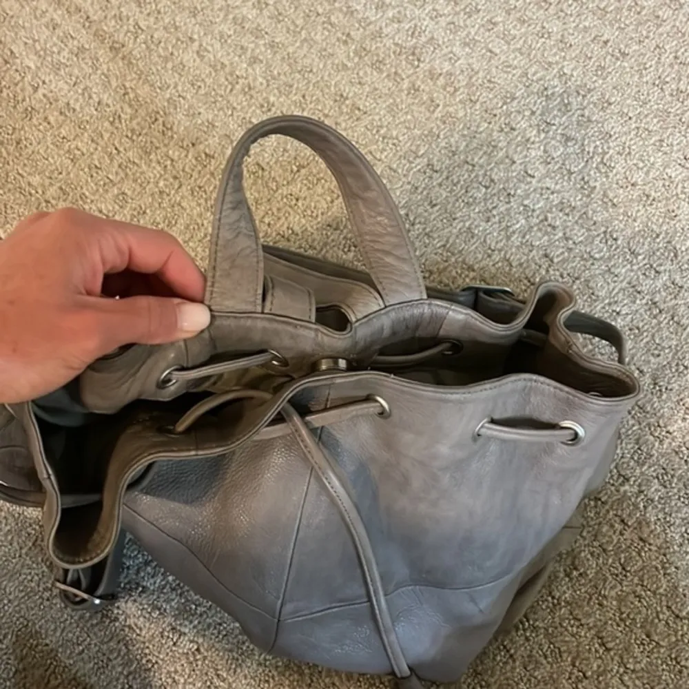 Day & Mood Gray Leather Cinch Tie Button Closure Backpack Handbag - Image 5