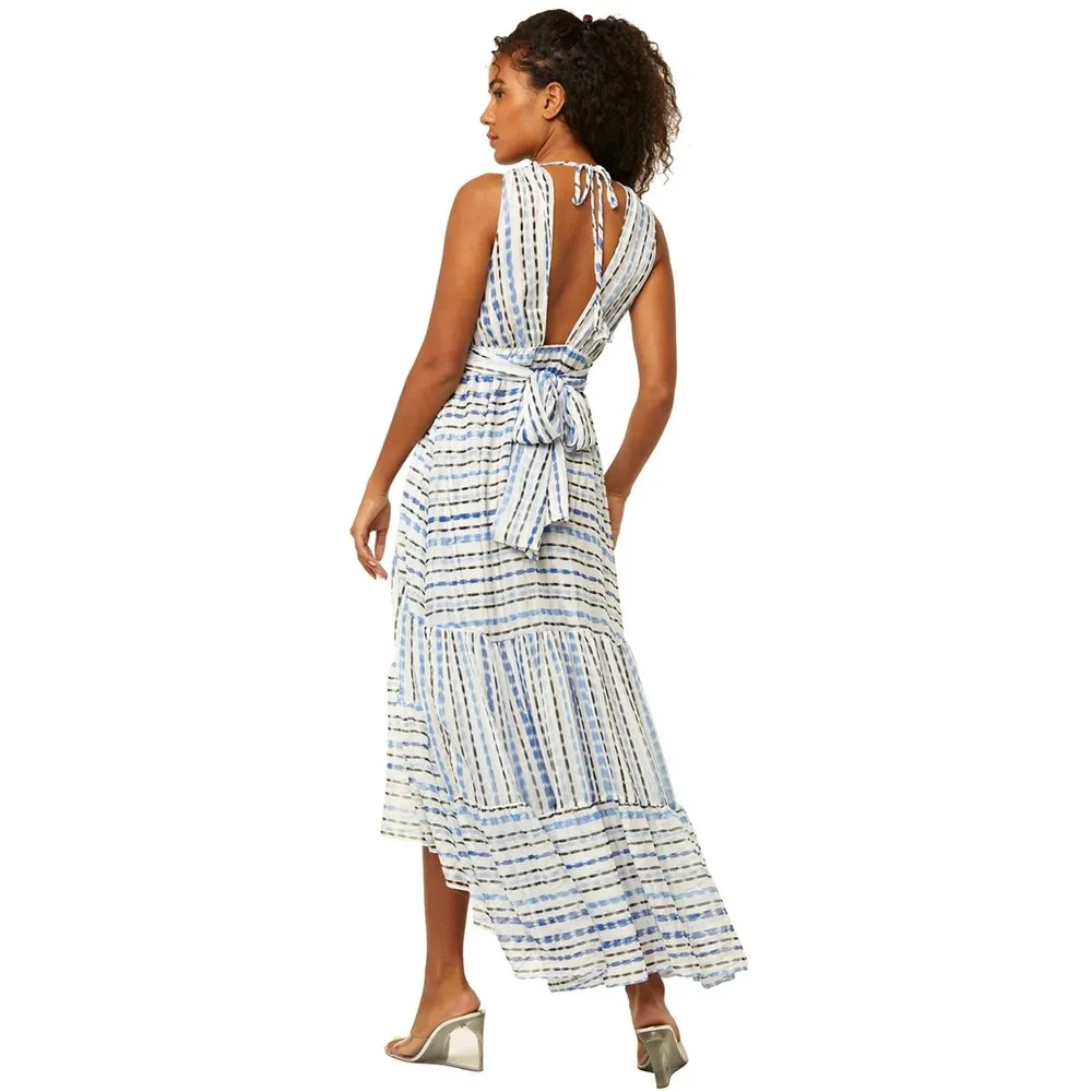 MISA Los Angeles Dominika Blue Sleeveless Plunge Maxi Dress in Scorpios Stripe - Image 2
