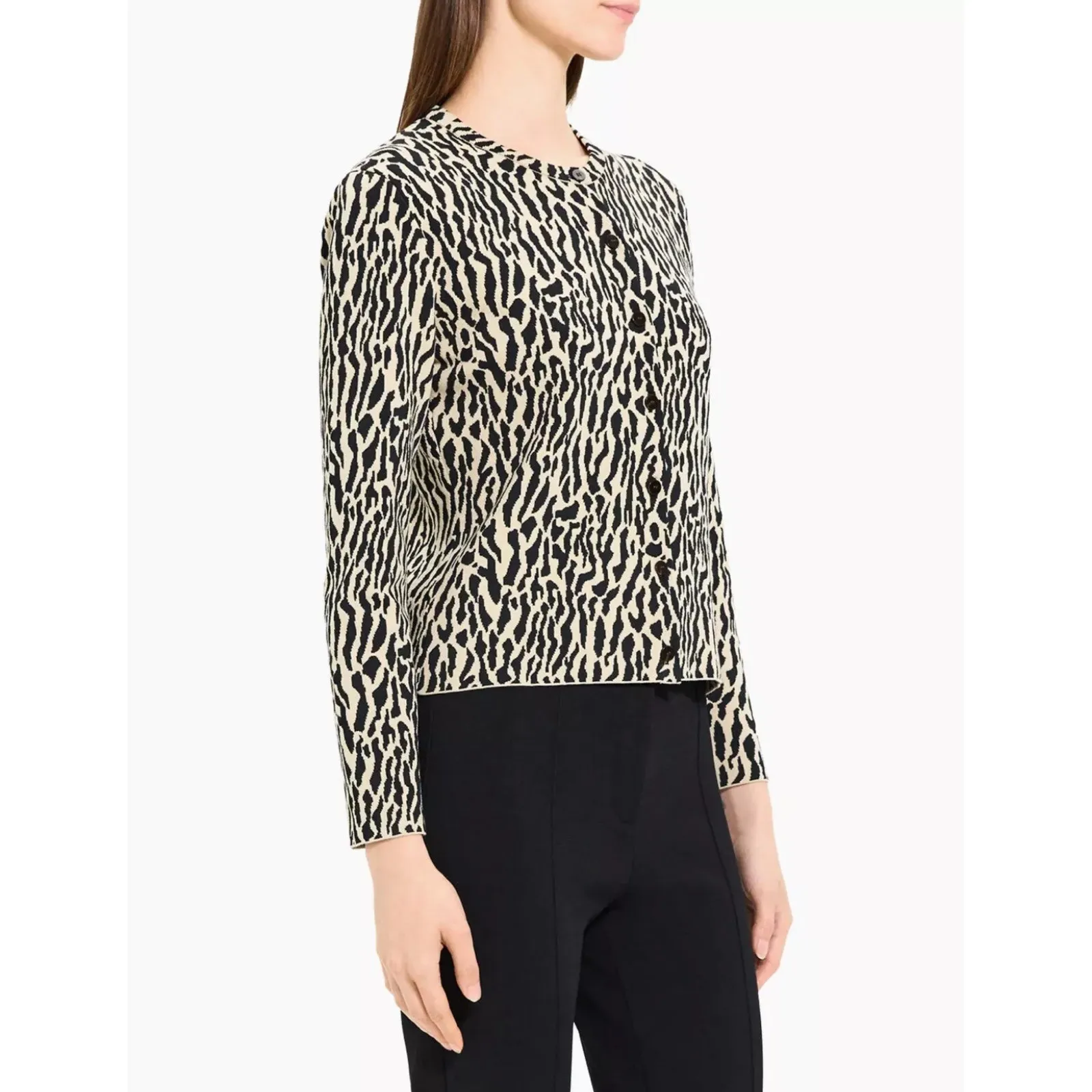 Theory Leopard Jacquard Fitted Cardigan in Cotton Dark Ecru‎ Black Bristol Small - Image 3