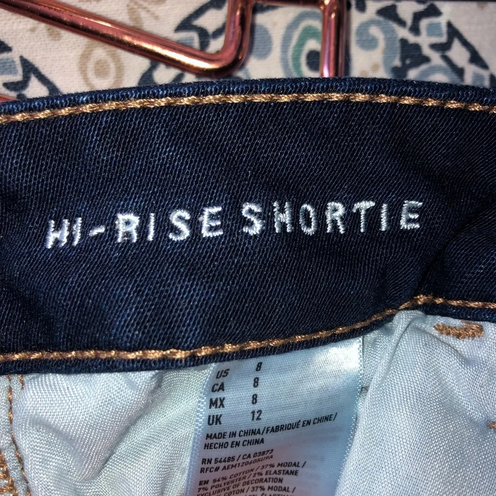American Eagle Dark Wash Hi Rise Shortie Jean Short Raw Hem - Image 5