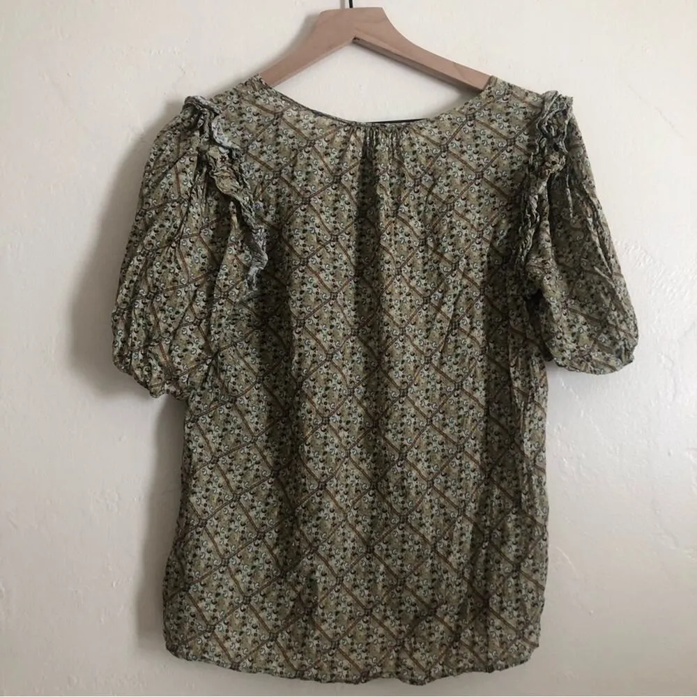 Anthropologie DR2 Green Floral Paisley Half Sleeve Tie Scoop Neck Blouse Top - Image 7