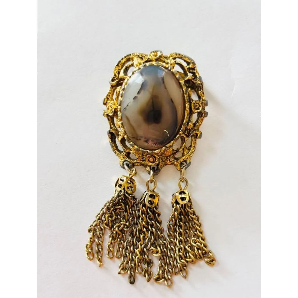 Vintage Gold Filigree Brooch With Agate - Image 2