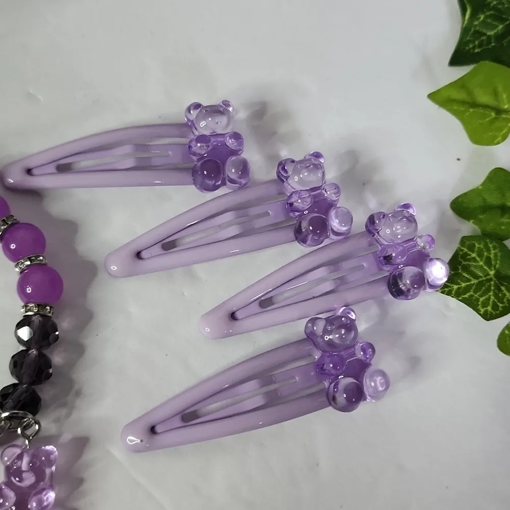 Purple Gummy Bear Stretch Bracelet and Matching Hair Clips - Image 3