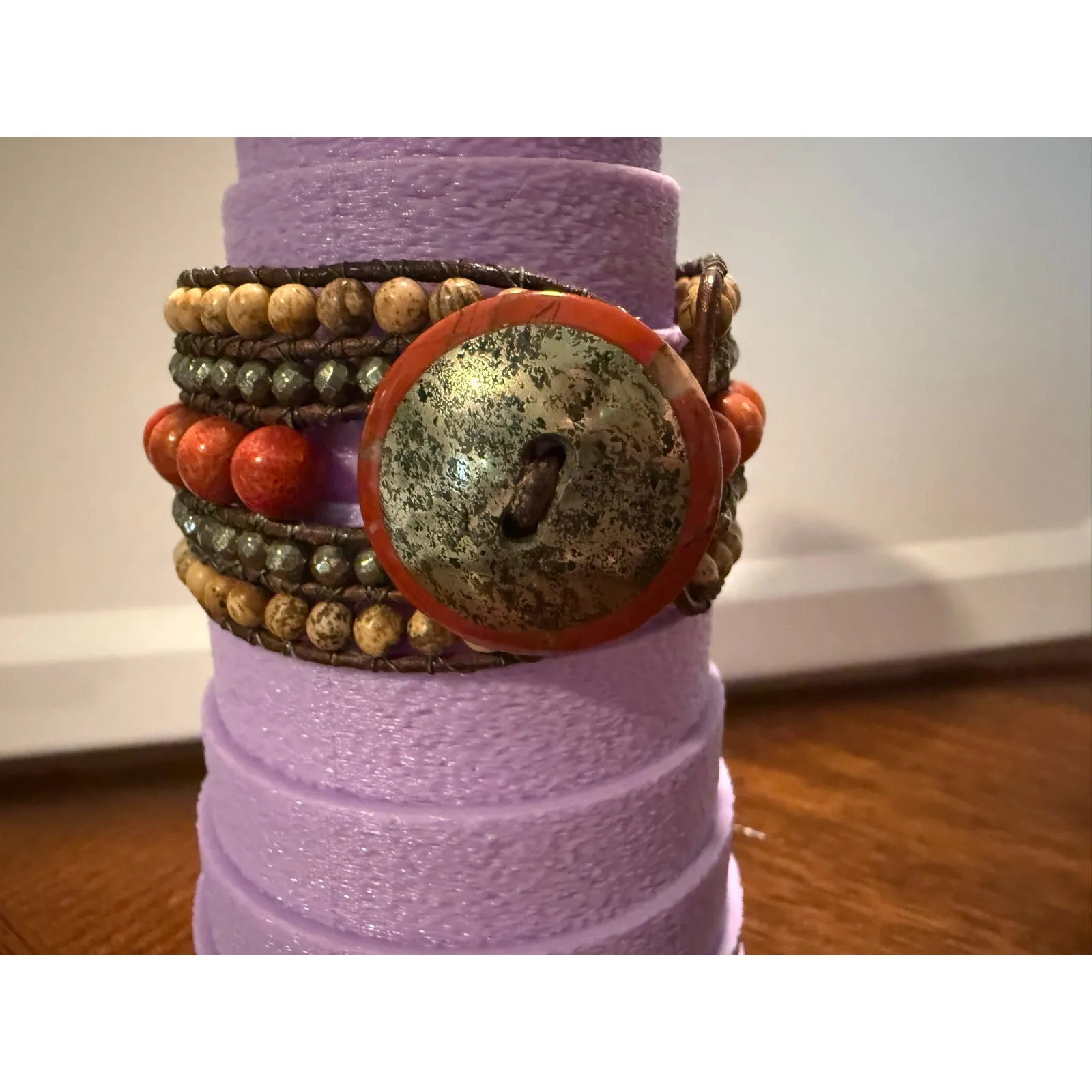 Beaded Leather Wrap Bracelet BOHO Button Orange - Image 2