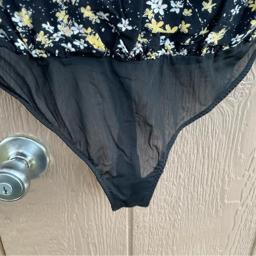 Free People Womens Dessa Bodysuit Black Yellow Floral Print Puff Sleeve Size XS - Image 10