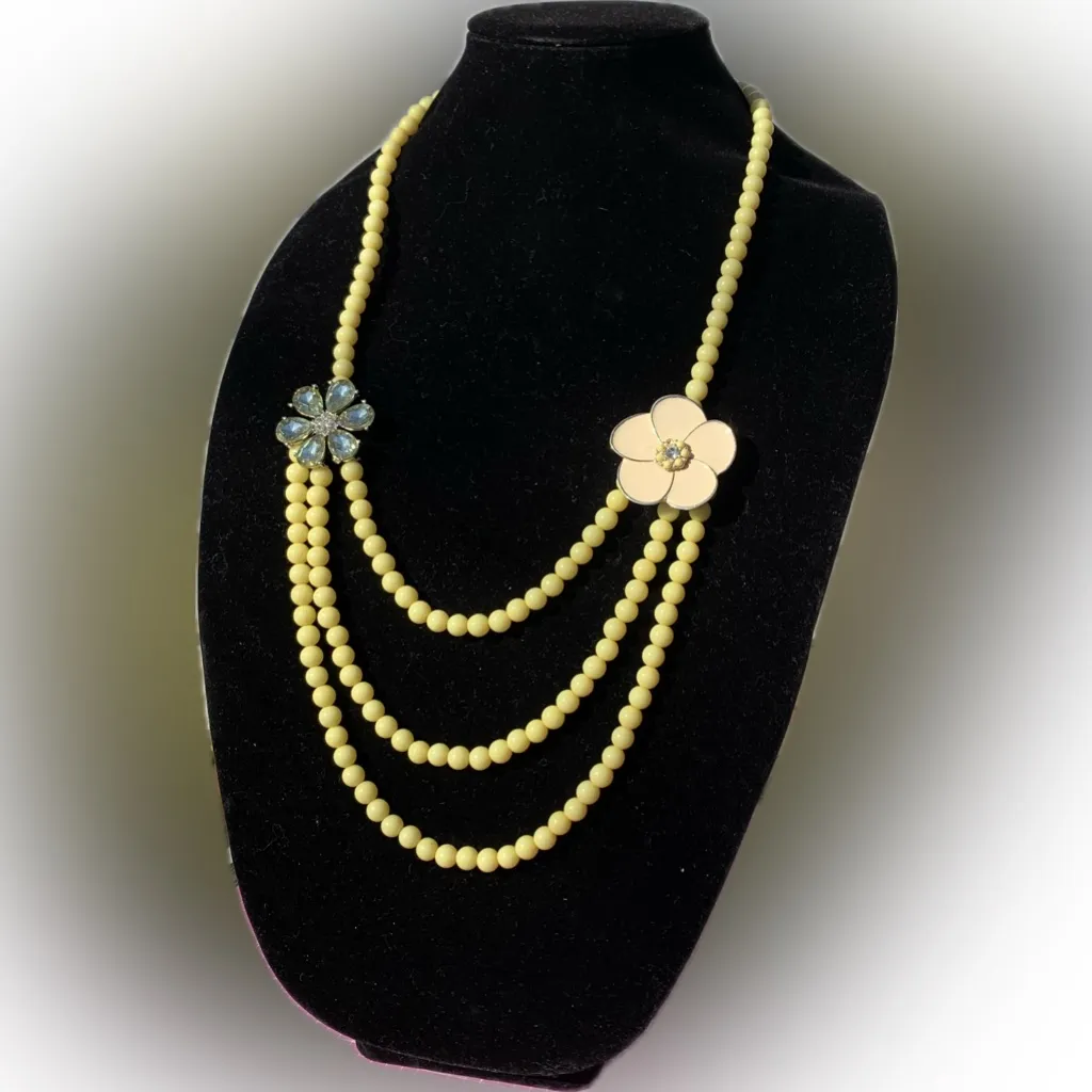 PANNEE by Panacea Elegant yellow Beads Necklace beige crystal flower 3 layer 34” - Image 3