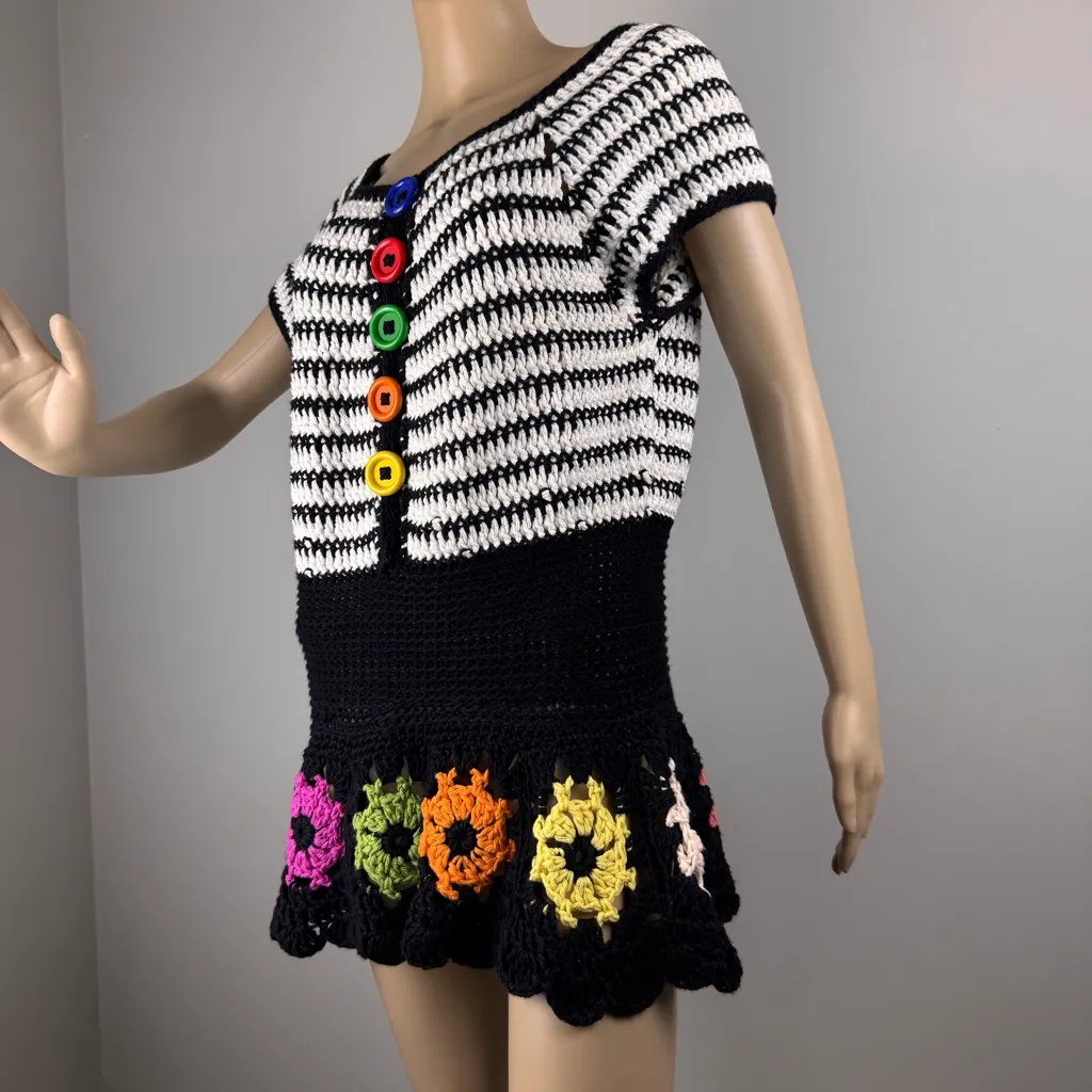 hand made blouse crochet For Women's‎ Size M/L Short Sleeve Colorful Boho Fairy Black Size M - Image 12