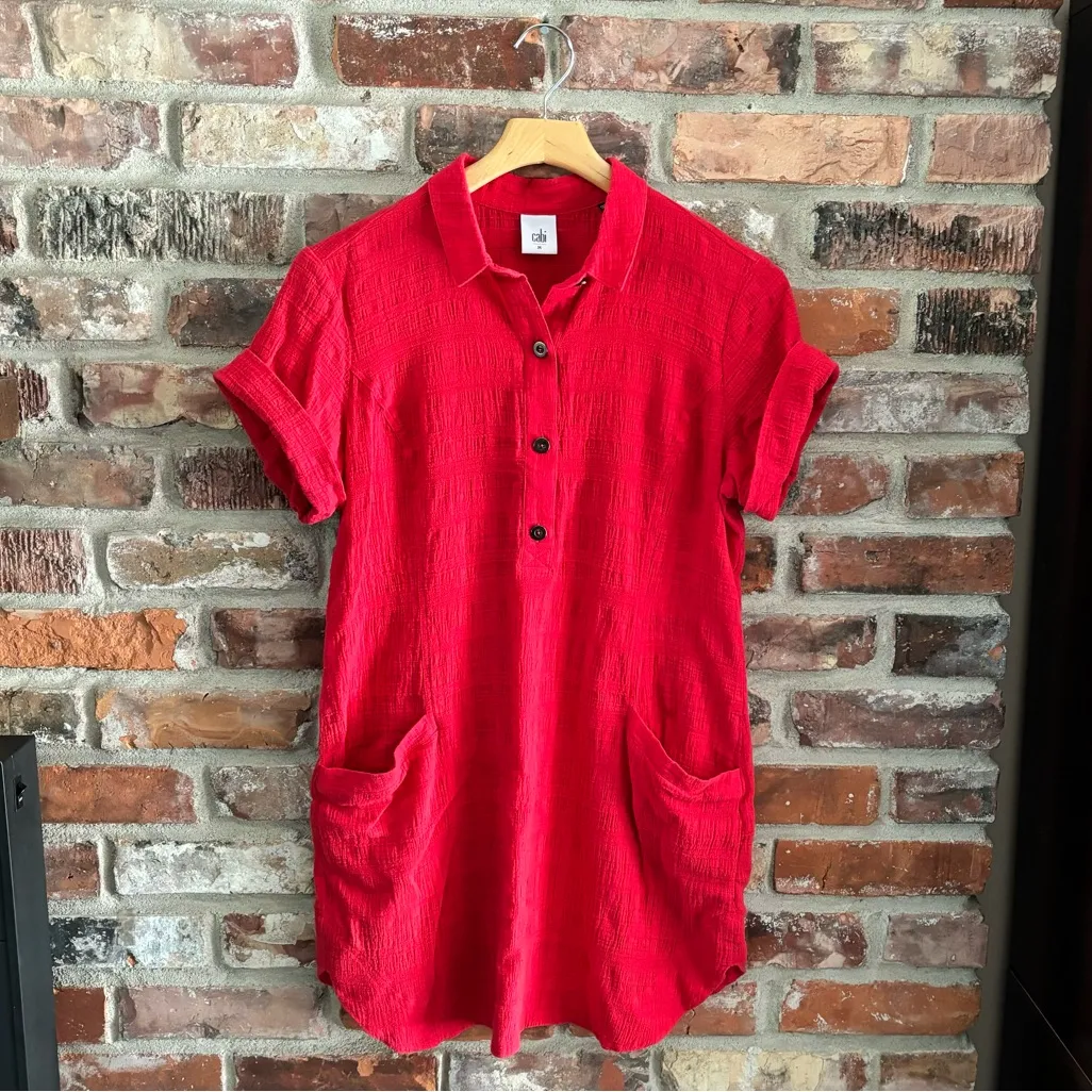 CAbi 5117 Red Cotton Hibiscus Gauze Cover Up Dress, M - Image 2