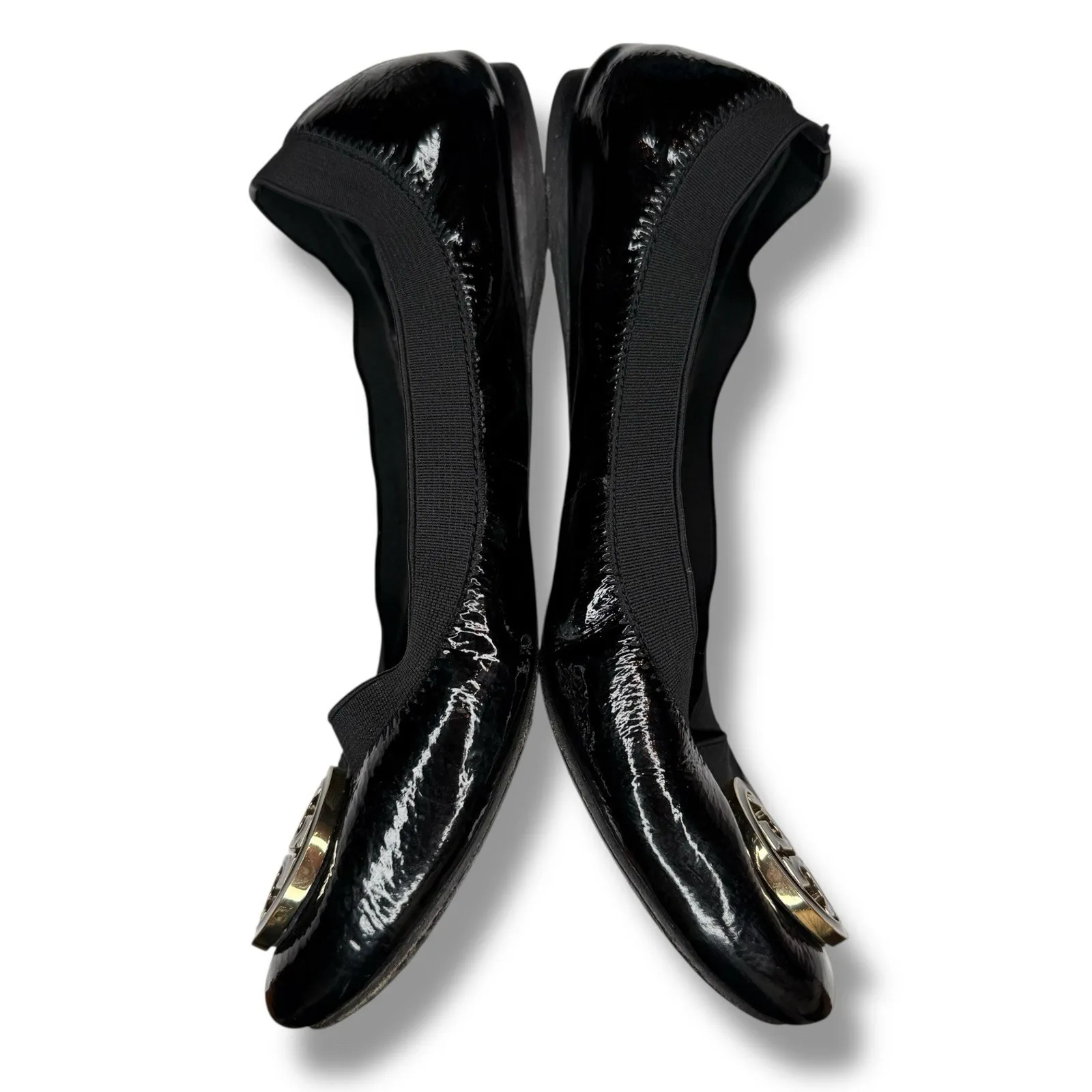 Tory Burch Caroline Black Patent Leather Ballet Flats Size 7 M Shoes Gold Logo - Image 7