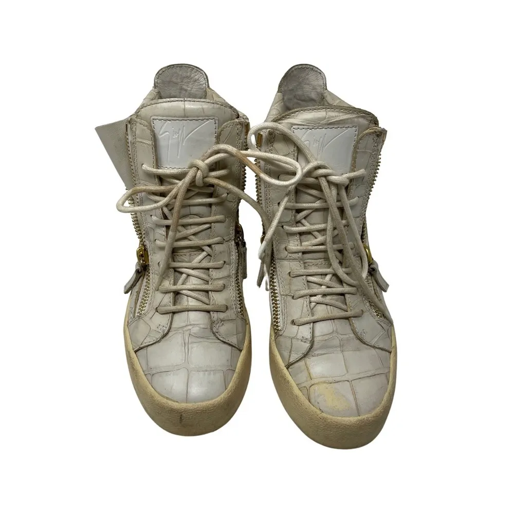 Giuseppe Zanotti Sz 5 EUR 36 Croc Embossed Leather High Top Sneakers Cream Gold - Image 2