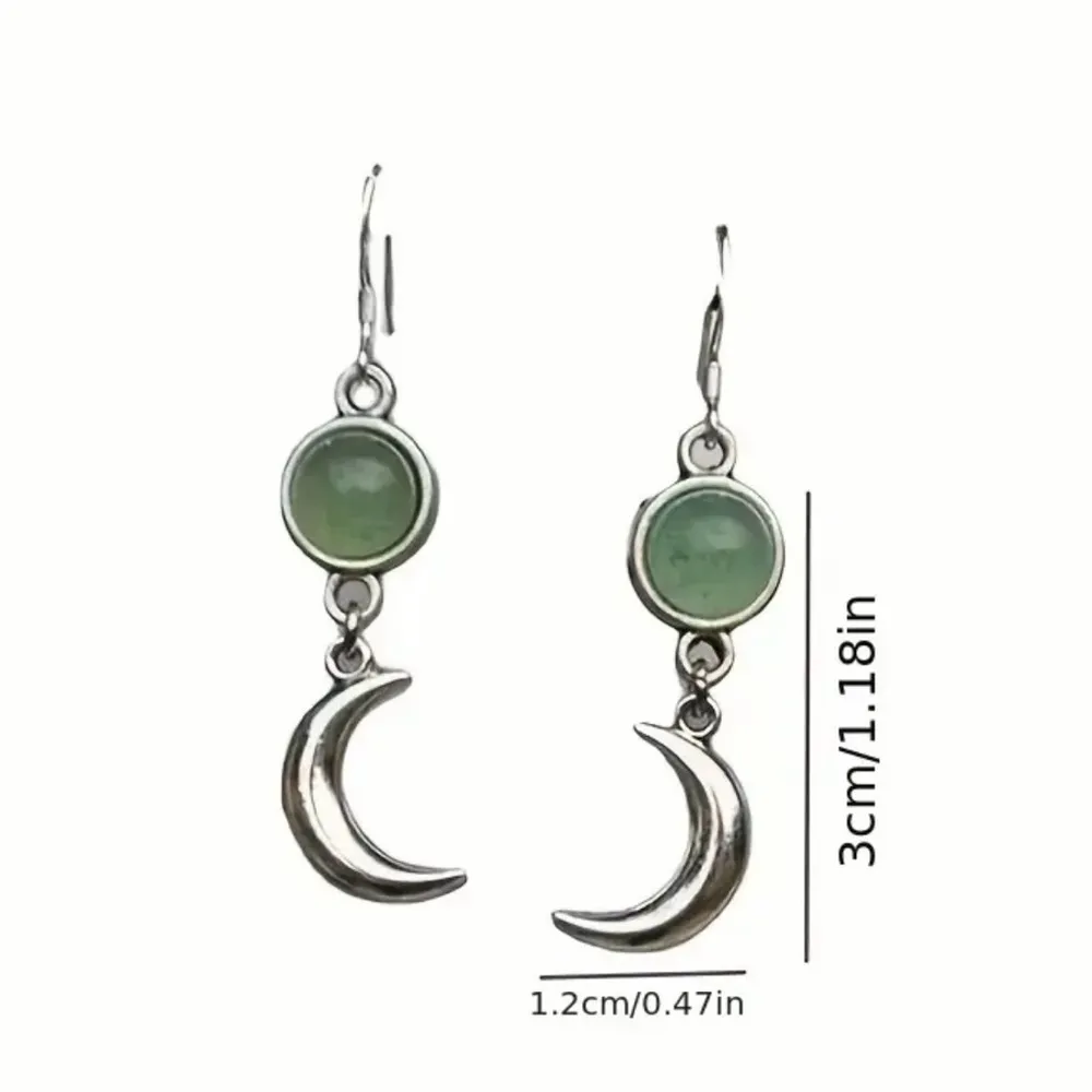 Stainless Steel Silver Vintage  Green Stone Moon Shaped Earrings - Image 3