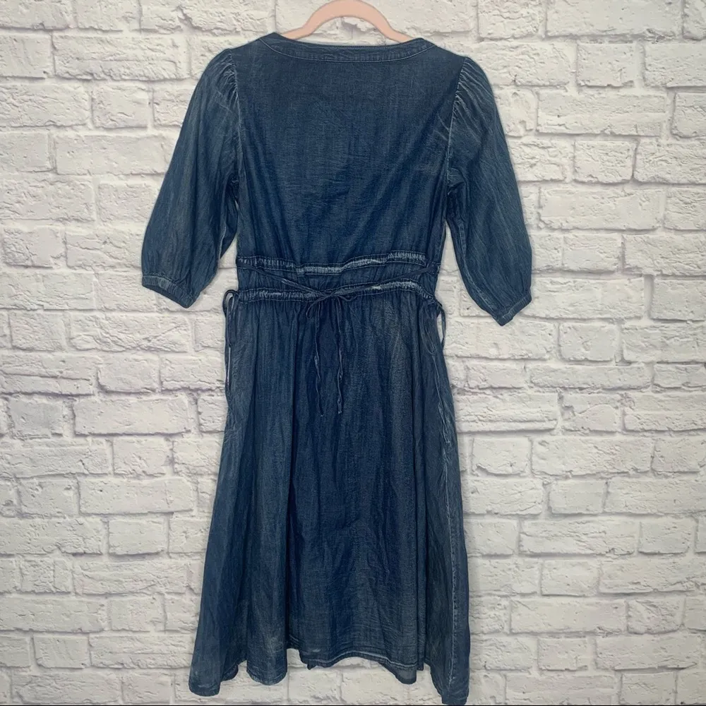 Keer Qiaowa Bohemian Cross Stitch Button Down Denim Knee Length Dress Blue - Image 5