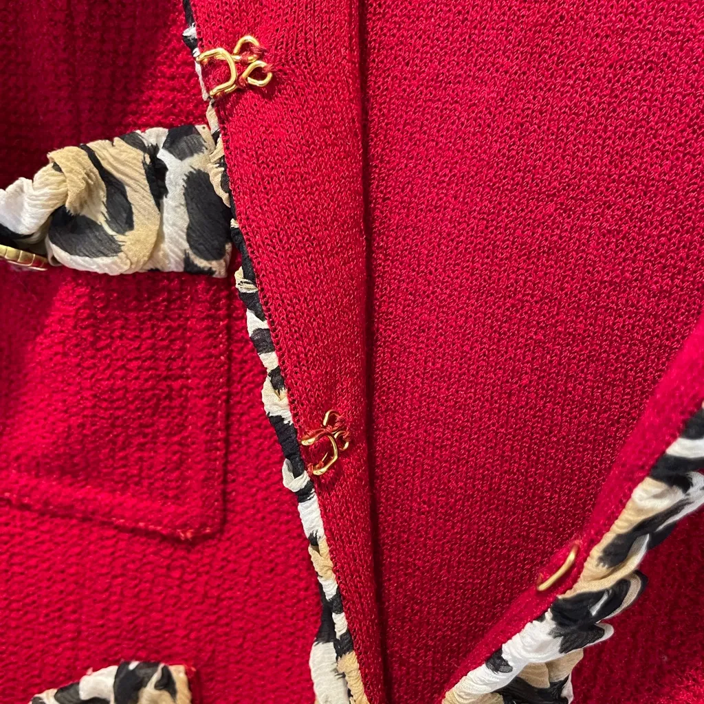 St. John Vibrant Red  Santana Knit Jacket with Animal Print Silk Trim Size 6 - Image 4