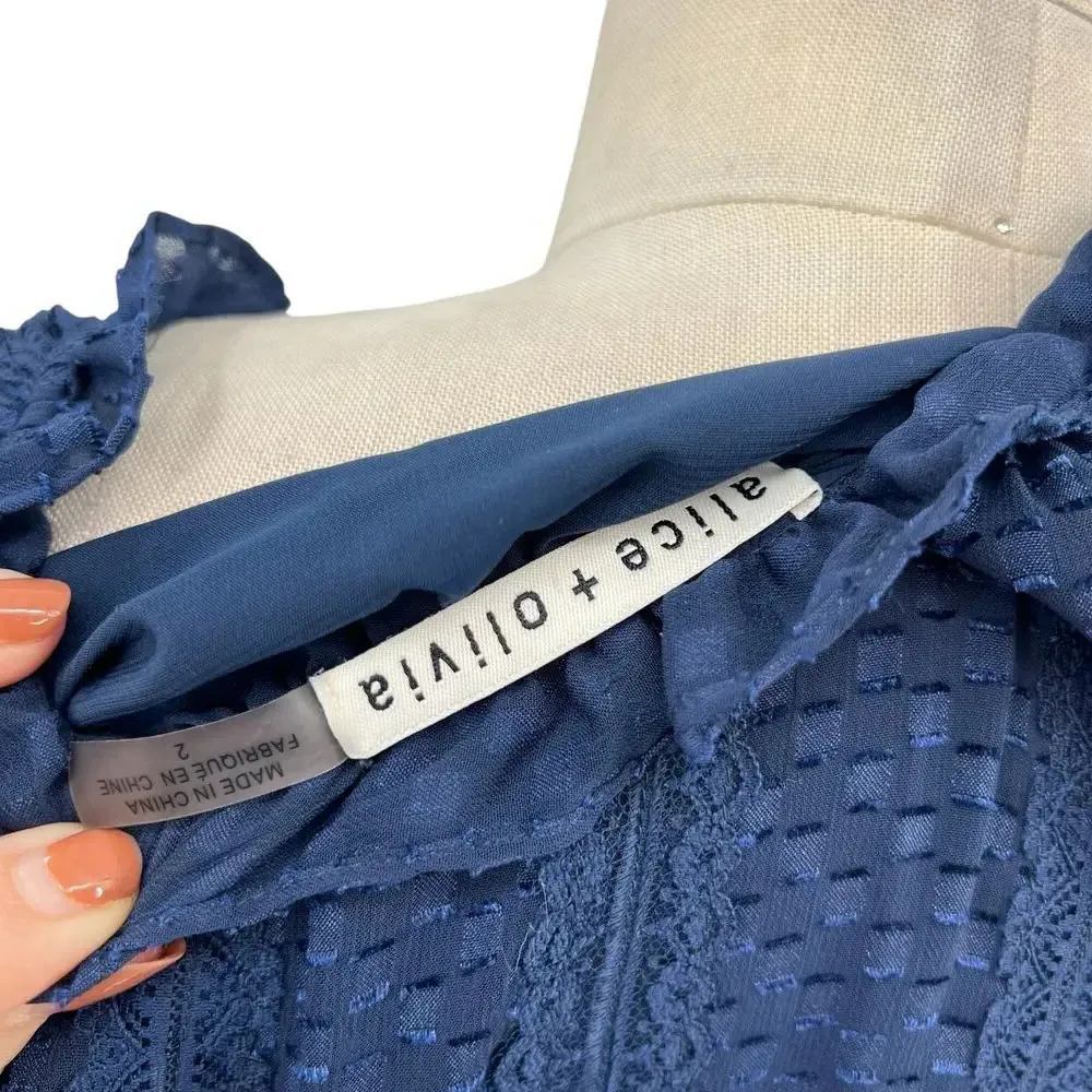 Alice + Olivia Joanne Mini Dress Lace Trim Ruffle Tiered 3/4 Sleeve Blue Size 2‎ - Image 14