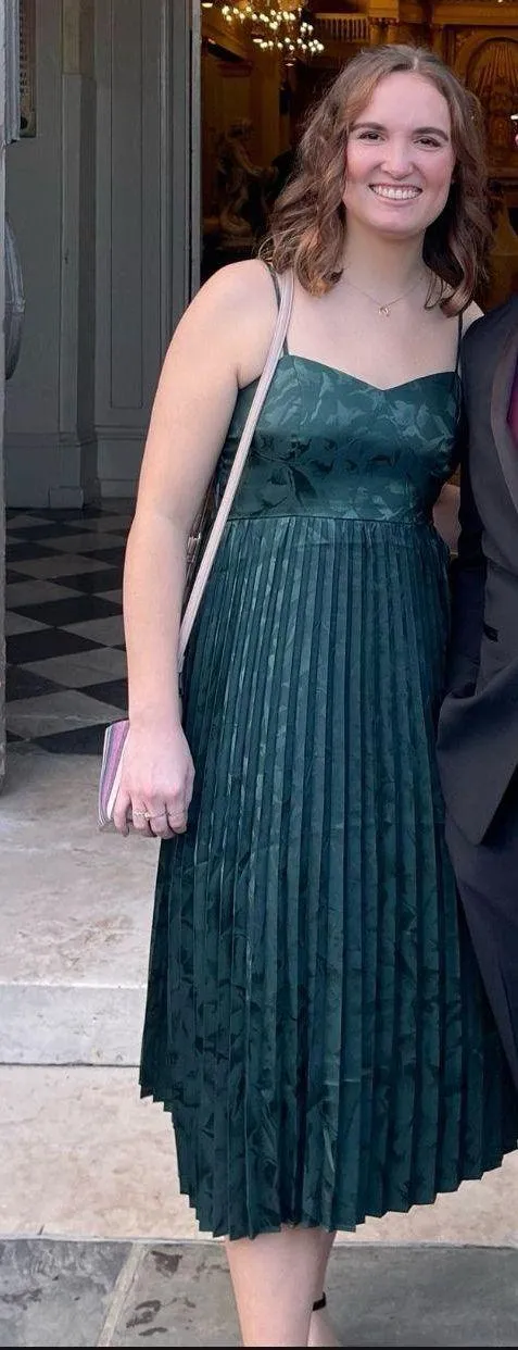 Lulu’s Chic Sensibility Dark Green Satin Jacquard Pleated Midi Dress - Image 3