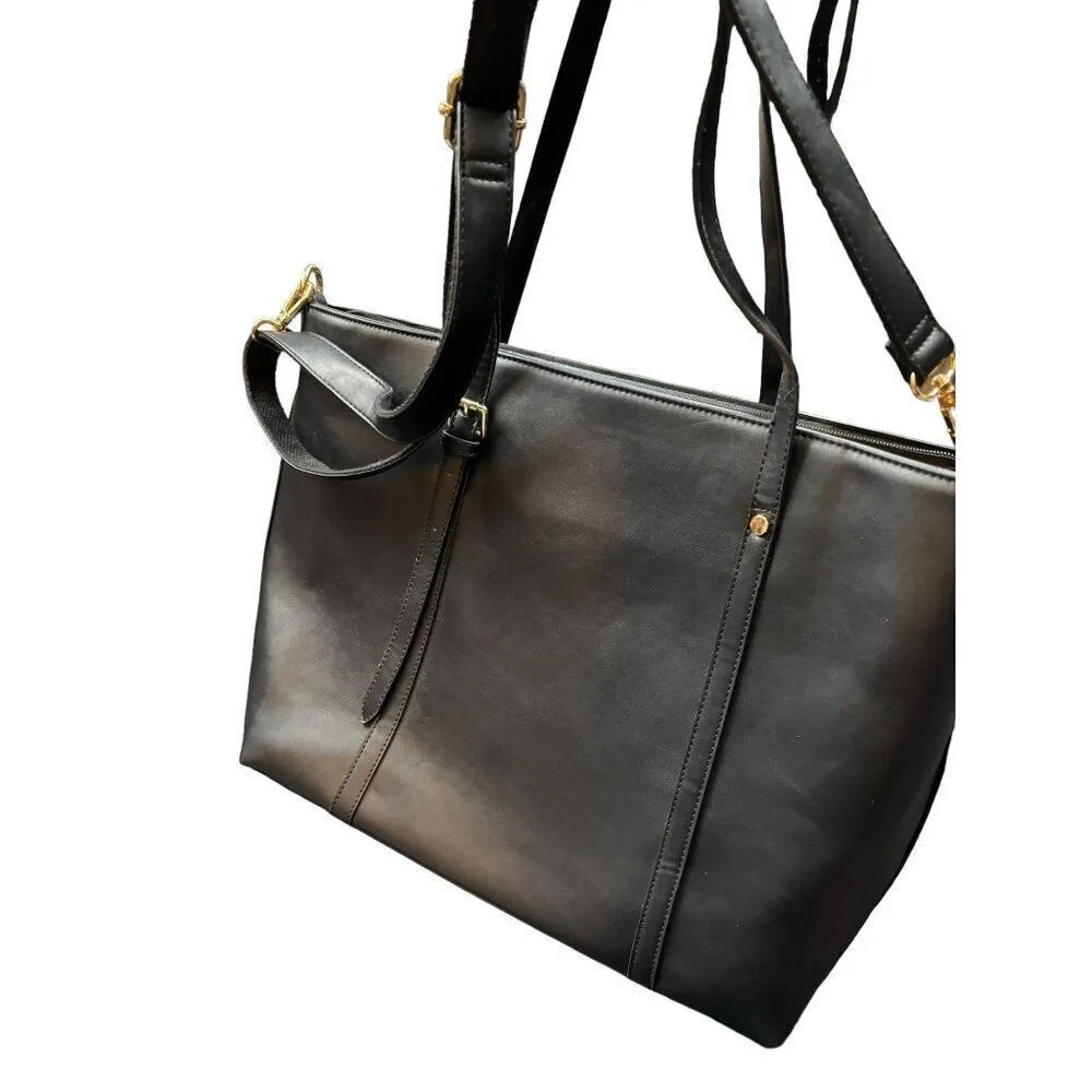 Women's Black Faux Leather Tote Bag With Multiple Compartments & Adjustable Stra - Image 3