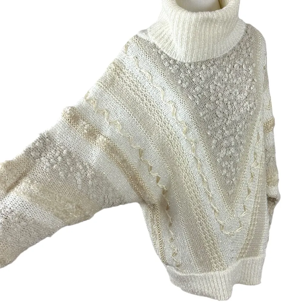 Vintage 90s 3D Bauble Dolman Sleeve Textured Turtleneck Sweater Neutral Large White - Image 3