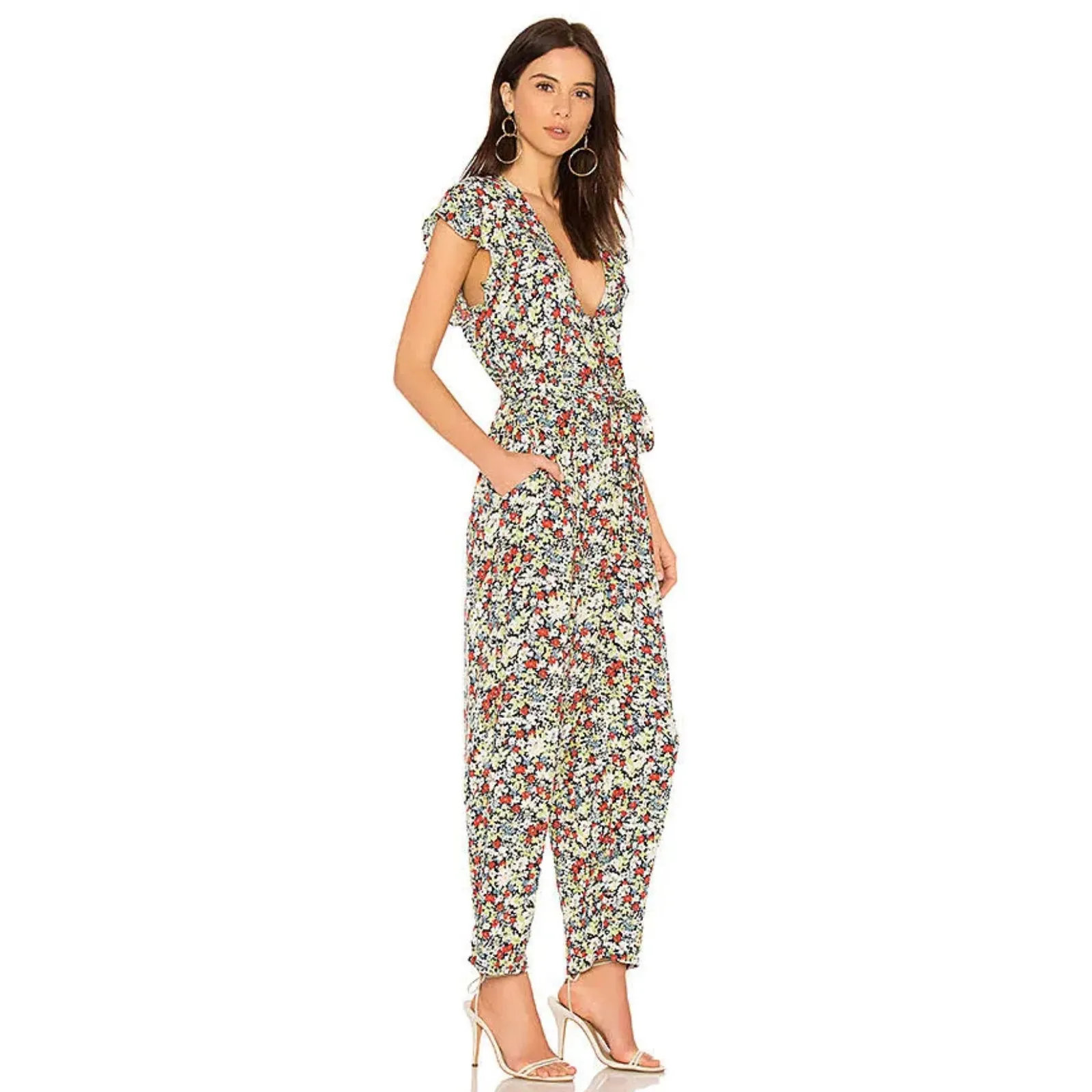 Free People X Revolve Ruffle Your Feather Floral V-Neck Jumpsuit. Size S - Image 2