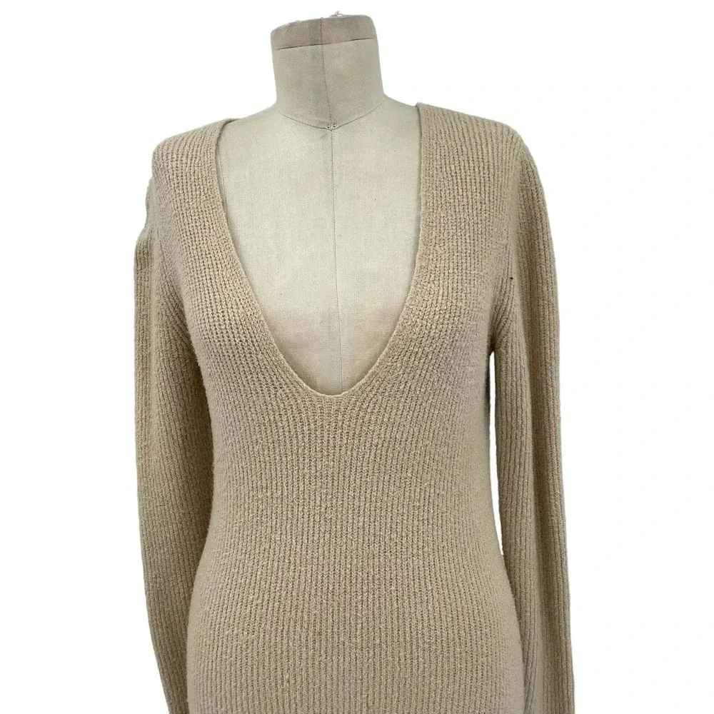 Aritzia Wilfred Camel‎ Tan V-Neck Long Sleeve Sweater Midi Dress Size Small - Image 2