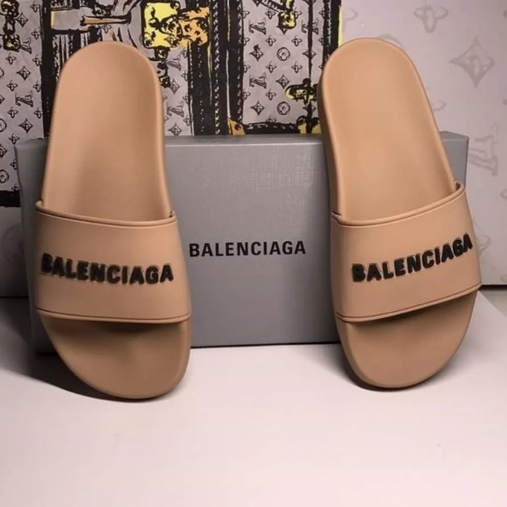 100% Authentic Balenciaga Pool Slide Sandals – Beige w/ Black Logo - Image 9