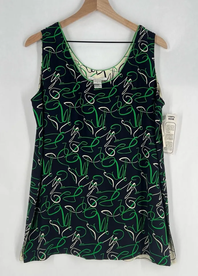 Peter Nygard Silk Green Navy Sleeveless Scribble Printed Women's Tank Top 12 - Image 1
