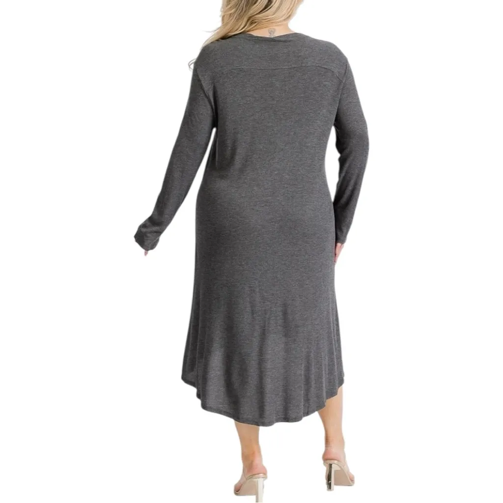 Mittoshop Grey Long Sleeve Knit High Low Tunic Midi Dress 1X Button Up Pockets - Image 2