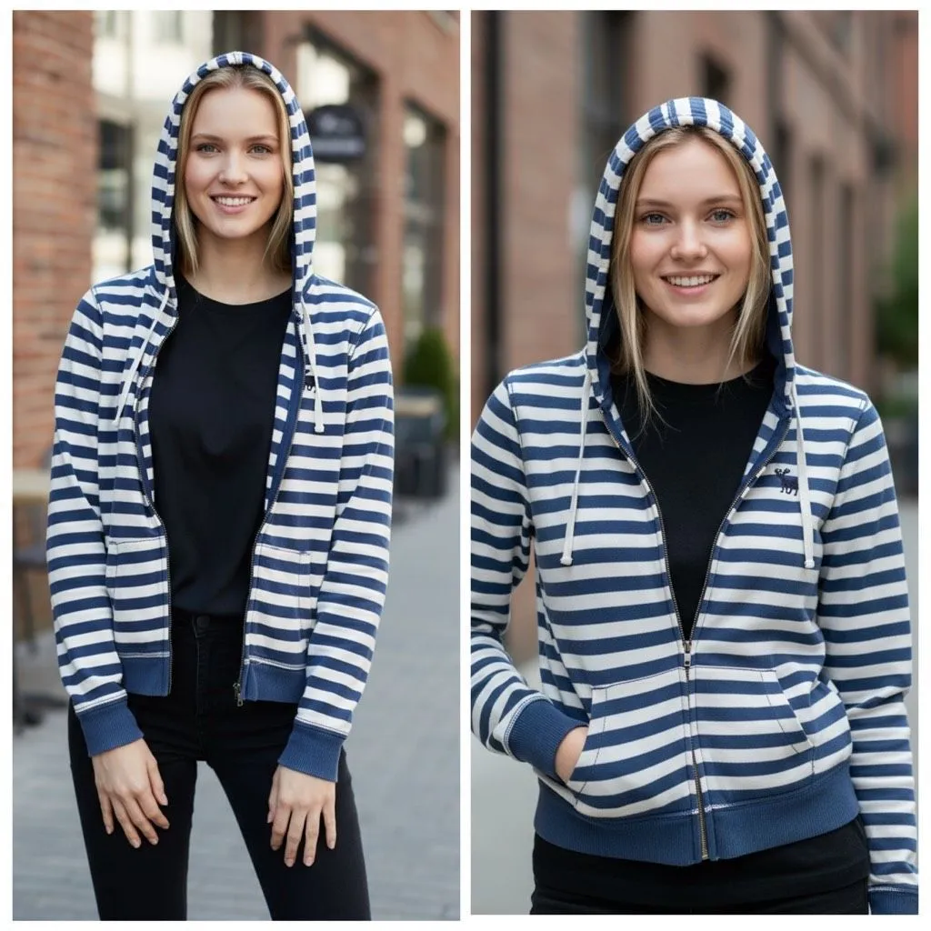 Abercrombie Y2K Striped Double Zipper‎ Zip Up Hoodie Hooded Sweatshirt Size L - Image 2