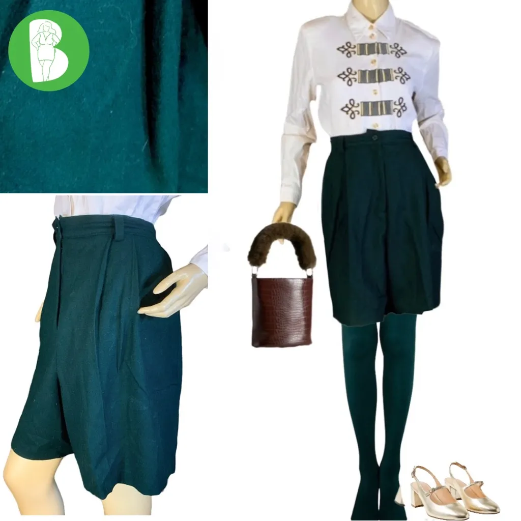VINTAGE 1980'S SAG HARBOR FOREST GREEN HIGH WAIST PLEATED WOOL SHORTS (16) - Image 2