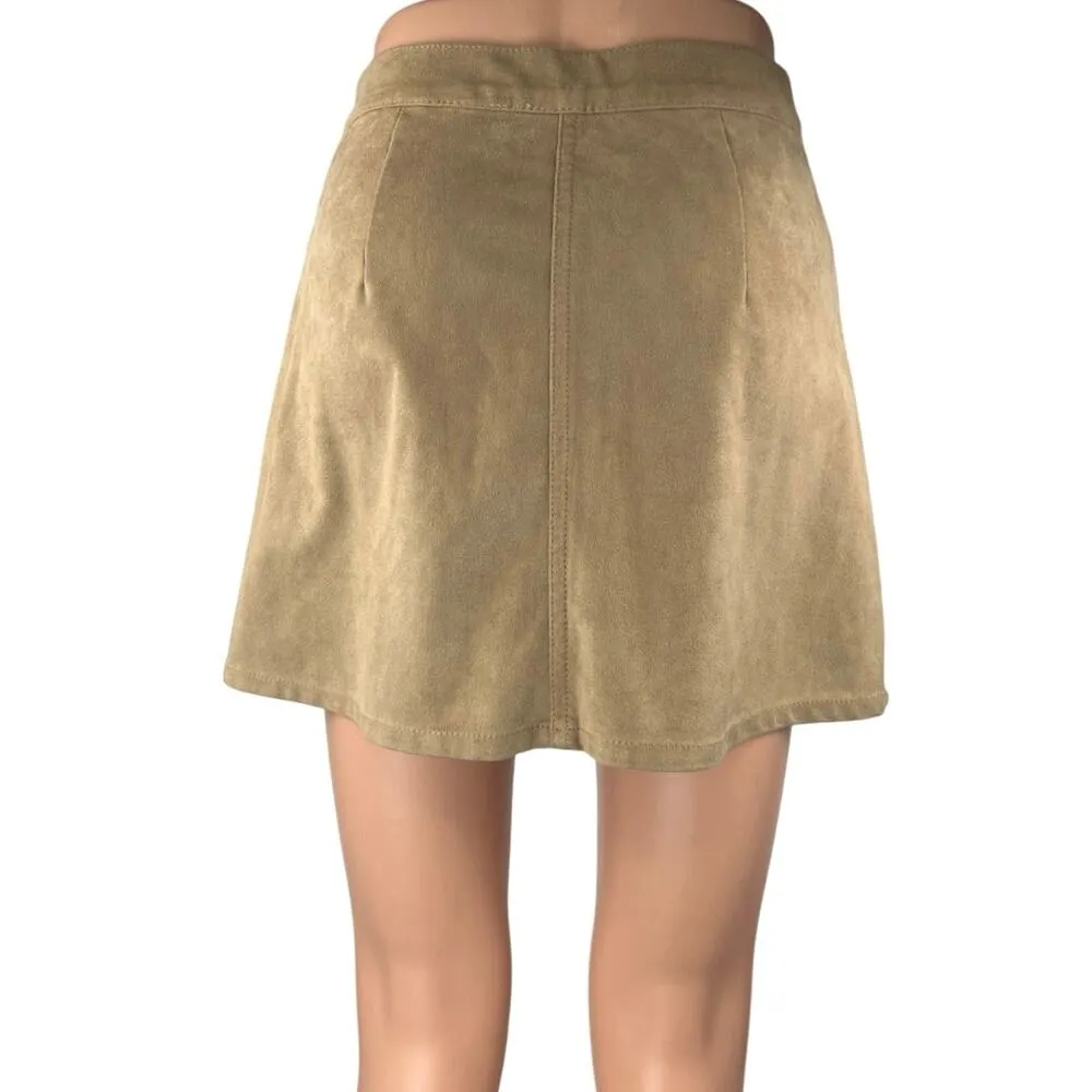 Express Jeans Women's Tan Khaki Suede Button Down A Line Mini Skirt Size 0 - Image 3