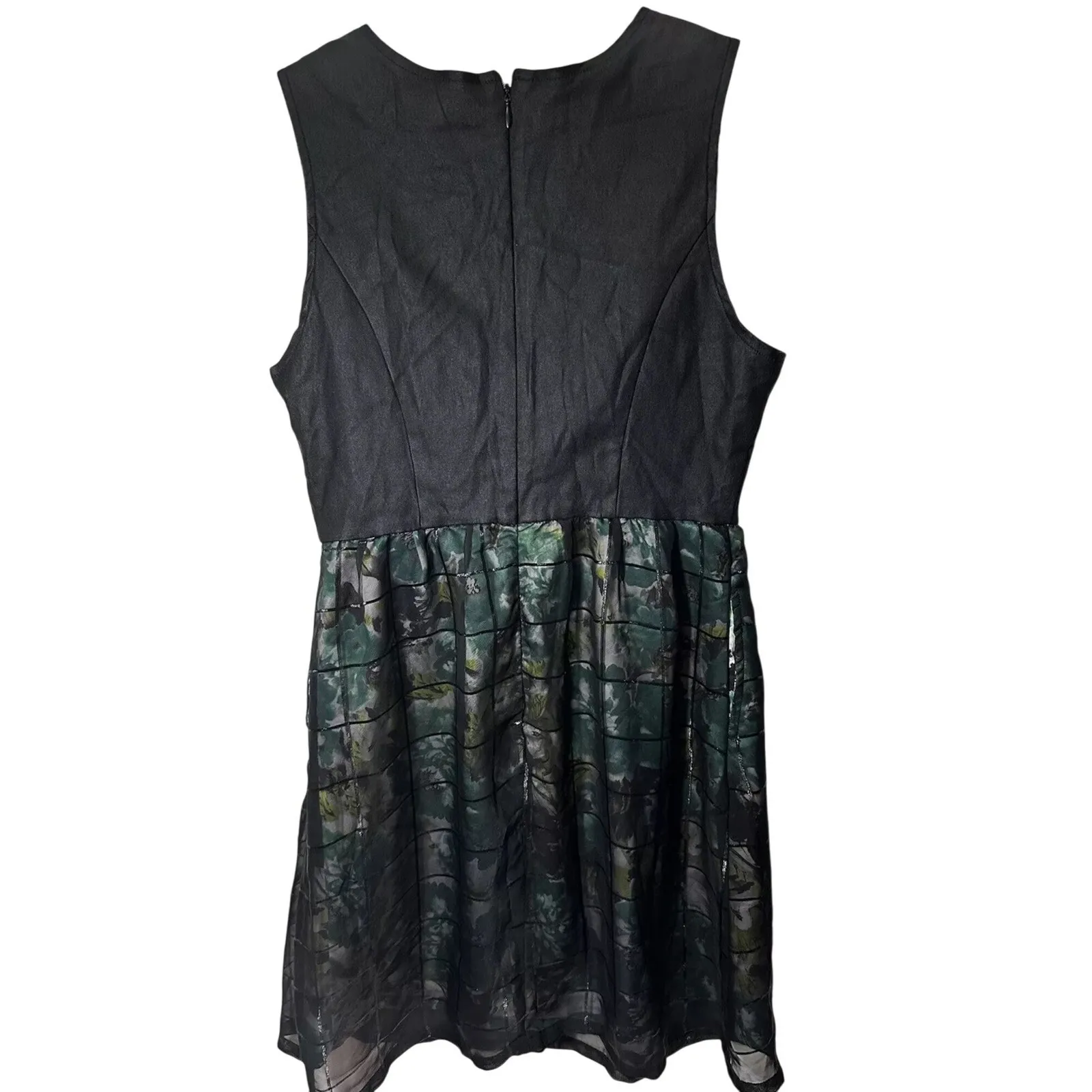 Tulle XS Sleeveless Fit & Flare Dress Black Bodice Green Floral Skirt‎ Lined - Image 3