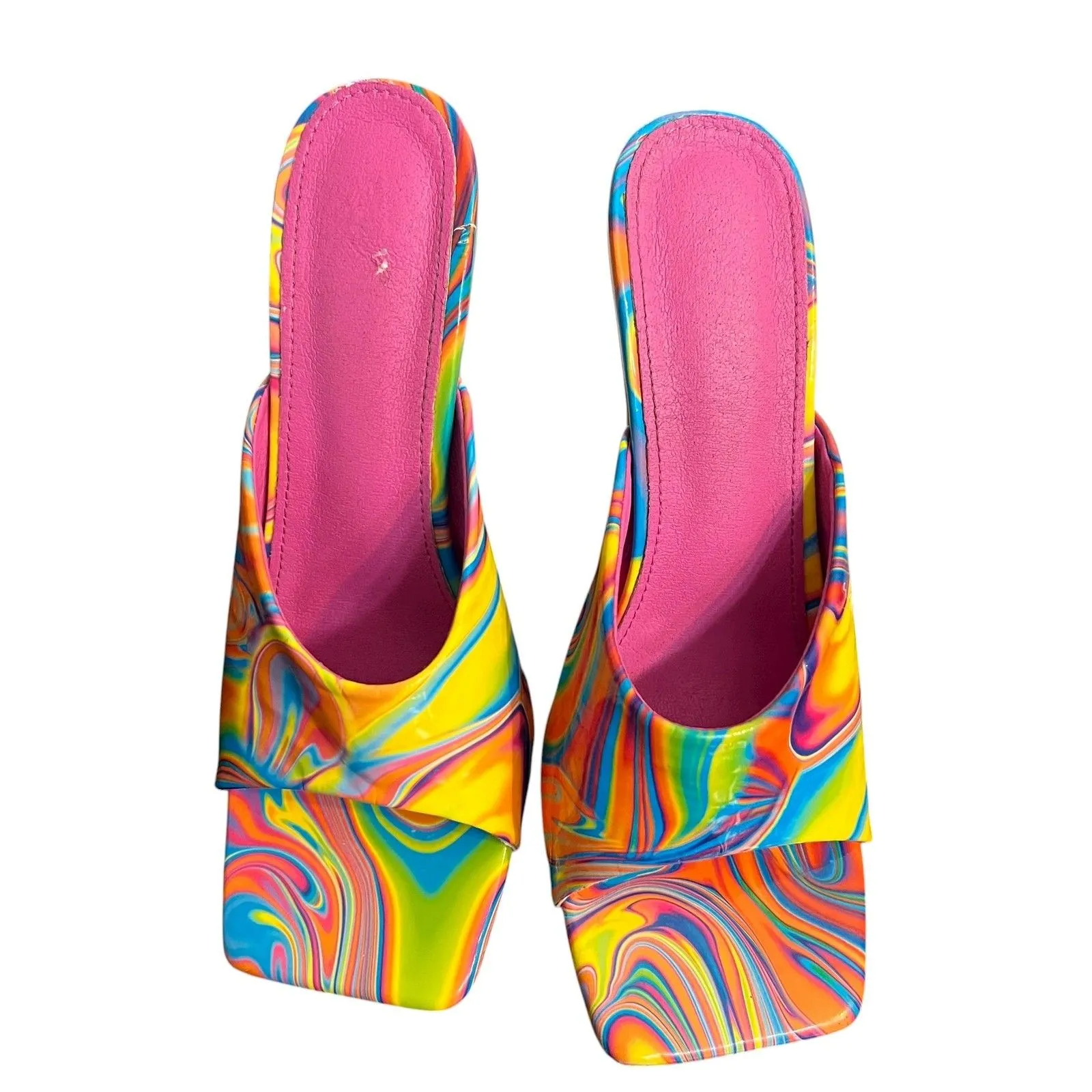 Rainbow Swirl Heels Shoes Womens Size 8.5 EU 39 Lucite Mule Square Toe Sandals Blue - Image 4