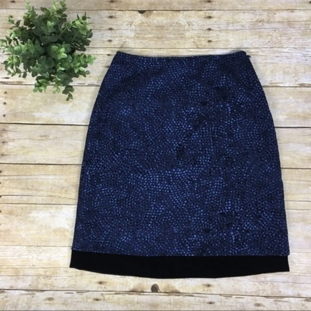 Penny Blue‎ Dot Print Black Velvet Trim Detailed Chiffon Pencil Skirt Blue Size 2 - Image 6